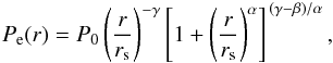 Mathematical equation: \begin{equation} \label{eq:GNFW} P_{\rm e}(r) = P_{\rm {0}}\left(\frac{r}{r_{\rm s}}\right)^{-\gamma} \left[1+\left(\frac{r}{r_{\rm s}}\right)^{\alpha}\right]^{\,(\gamma-\beta)/\alpha}, \end{equation}