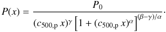 Mathematical equation: \begin{equation} P(x) = \frac{P_{0} } { (c_{\rm 500,p}\,x)^{\gamma}\left[1+(c_{\rm 500,p}\,x)^\alpha\right]^{(\beta-\gamma)/\alpha} }\cdot \label{eq:pgnfw} \end{equation}