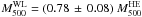 Mathematical equation: \hbox{$M_{500}^{\rm WL} = (0.78\,\pm\,0.08)~M_{500}^{\rm HE}$}