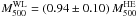 Mathematical equation: \hbox{$M_{500}^{\rm WL} = (0.94\pm0.10)\, M_{500}^{\rm HE}$}