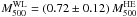 Mathematical equation: \hbox{$M_{500}^{\rm WL} = (0.72\pm0.12)\, M_{500}^{\rm HE}$}