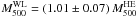 Mathematical equation: \hbox{$M_{500}^{\rm WL} = (1.01\pm0.07)\, M_{500}^{\rm HE}$}