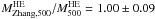 Mathematical equation: \hbox{$M_{\rm Zhang, 500}^{\rm HE}/M_{500}^{\rm HE} = 1.00 \pm 0.09$}