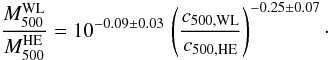 Mathematical equation: \begin{equation} \frac{M_{500}^{\rm WL}}{M_{500}^{\rm HE}} = 10^{-0.09\pm0.03}\, \left(\frac{c_{\rm 500, WL}}{c_{\rm 500,HE}}\right)^{-0.25 \pm 0.07}\cdot \end{equation}