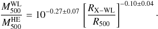Mathematical equation: \begin{equation} \frac{M_{500}^{\rm WL}}{M_{500}^{\rm HE}} = 10^{-0.27\pm0.07}\, \left[\frac{R_{\rm X-WL}}{\Rv}\right]^{-0.10\pm0.04}\cdot \end{equation}