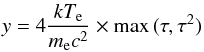 Mathematical equation: \begin{equation} y = 4 \frac{kT_\mathrm{e}}{m_\mathrm{e} c^{2}} \times \max{(\tau, \tau^{2})} \end{equation}