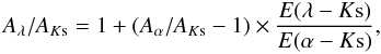Mathematical equation: \begin{equation} A_\lambda / A_{K{\rm s}} = 1+(A_\alpha / A_{K{\rm s}} -1) \times \frac{E(\lambda - K{\rm s})}{E(\alpha -K{\rm s})}, \end{equation}