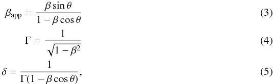 Mathematical equation: \begin{eqnarray} \beta_{\rm app} = \frac{\beta \sin\theta}{1 - \beta\cos\theta} \\ \Gamma = \frac{1}{\sqrt{1 - \beta^{2}} } \\ \delta = \frac{1}{\Gamma (1 - \beta\cos\theta)}, \end{eqnarray}