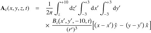 Mathematical equation: \begin{eqnarray} \label{vector_potential_expanded} \nonumber \vec{A}_{\mathrm{c}}(x,y,z,t) & = & \frac{1}{2\pi}\int_{z}^{+10} {\rm d}z'\int_{-3}^{+3} {\rm d}x'\int_{-3}^{+3} {\rm d}y'\\ & & \times\,\,\frac{B_{z}\big(x',y',-10,t\big)}{(r')^{3}}\Big[\big(x-x'\big)\,\hat{y}\,-\,\big(y-y'\big)\,\hat{x}\,\Big] \end{eqnarray}