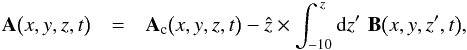 Mathematical equation: \begin{eqnarray} \label{gauge_invariant_vector_potential} \vec{A}\big(x,y,z,t\big) & = & \vec{A}_{\mathrm{c}}\big(x,y,z,t\big) - \hat{z}\times\int_{-10}^{\,z} {\rm d}z'\,\,\vec{B}\big(x,y,z',t\big), \end{eqnarray}