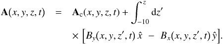 Mathematical equation: \begin{eqnarray} \label{gauge_invariant_vector_potential_expanded} \nonumber \vec{A}\big(x,y,z,t\big) & = & \vec{A}_{\mathrm{c}}(x,y,z,t) + \int_{-10}^{\,z} {\rm d}z'\\ & & \times\,\,\Big[B_{y}\big(x,y,z',t\big)\,\hat{x}\,\,-\,\,B_{x}\big(x,y,z',t\big)\,\hat{y}\Big]. \end{eqnarray}