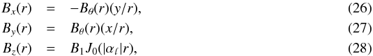 Mathematical equation: \begin{eqnarray} B_{x}(r) & = & -B_{\mathrm{\theta}}(r)(y/r),\\ B_{y}(r) & = & B_{\mathrm{\theta}}(r)(x/r),\\ B_{z}(r) & = & B_1 J_0(|\alpha_{\mathpzc{l}}|r), \end{eqnarray}