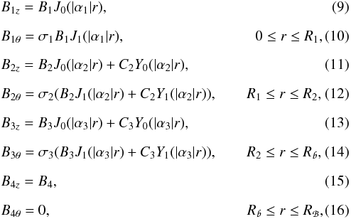Mathematical equation: \begin{eqnarray} \label{eqn_znc_field_equation_1} && B_{1z} = B_{1}J_{0}(|\alpha_{1}|r),\\[2mm] \label{eqn_znc_field_equation_2} && B_{1\theta} = \sigma_{1}B_{1}J_{1}(|\alpha_{1}|r), \mbox{\hspace{3.1cm}} 0 \leq r \leq R_{1},\\[2mm] \label{eqn_znc_field_equation_3} && B_{2z} = B_{2}J_{0}(|\alpha_{2}|r) + C_{2}Y_{0}(|\alpha_{2}|r),\\[2mm] \label{eqn_znc_field_equation_4} && B_{2\theta} = \sigma_{2}(B_{2}J_{1}(|\alpha_{2}|r) + C_{2}Y_{1}(|\alpha_{2}|r)), \mbox{\hspace{0.7cm}} R_{1} \leq r \leq R_{2},\\[2mm] \label{eqn_znc_field_equation_5} && B_{3z} = B_{3}J_{0}(|\alpha_{3}|r) + C_{3}Y_{0}(|\alpha_{3}|r),\\[2mm] \label{eqn_znc_field_equation_6} && B_{3\theta} = \sigma_{3}(B_{3}J_{1}(|\alpha_{3}|r) + C_{3}Y_{1}(|\alpha_{3}|r)), \mbox{\hspace{0.7cm}} R_{2} \leq r \leq R_{\mathpzc{b}},\\[2mm] \label{eqn_znc_field_equation_7} && B_{4z} = B_{4},\\[2mm] \label{eqn_znc_field_equation_8} && B_{4\theta} = 0, \mbox{\hspace{4.65cm}} R_{\mathpzc{b}} \leq r \leq R_{\mathpzc{B}}, \end{eqnarray}