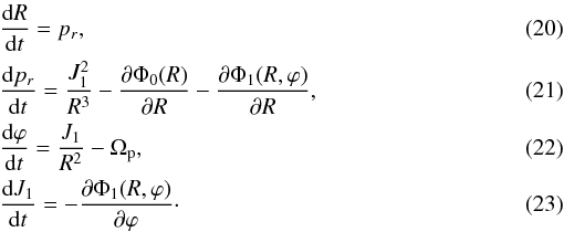 Mathematical equation: \begin{eqnarray} \label{drdt} &&\frac{{\rm d}R}{{\rm d}t}=p_r, \\ \label{dpdt} &&\frac{{\rm d}p_r}{{\rm d}t}=\frac{J_{1}^2}{R^3}-\frac{\partial{\Phi_{0}(R)}}{\partial{R}} -\frac{\partial{\Phi_{1}(R,\varphi)}}{\partial{R}}, \\ \label{dfdt} &&\frac{{\rm d}\varphi}{{\rm d}t}=\frac{J_1}{R^2}-\Omega_{\rm p}, \\ \label{dJdt} &&\frac{{\rm d}J_1}{{\rm d}t}=-\frac{\partial{\Phi_{1}(R,\varphi)}}{\partial{\varphi}}\cdot \end{eqnarray}