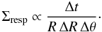 Mathematical equation: \begin{equation} \label{densr2} \Sigma_{\rm resp} \propto \frac{ \Delta t}{R\, \Delta R\, \Delta \theta}\cdot \end{equation}