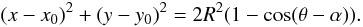 Mathematical equation: \appendix \setcounter{section}{1} \begin{equation} \label{xy2} { (x-x_{0})^2 + (y-y_{0})^2 = 2R^2( 1 - \cos(\theta - \alpha)). } \end{equation}