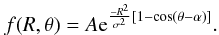 Mathematical equation: \appendix \setcounter{section}{1} \begin{equation} \label{gp} { f(R,\theta) = A{\rm e}^{\frac{-R^2}{\sigma^2}\left[1 - \cos(\theta - \alpha)\right]}. } \end{equation}
