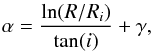 Mathematical equation: \appendix \setcounter{section}{1} \begin{equation} \label{alf} { \alpha = \frac{{\rm ln}(R/R_i)}{\tan(i)} + \gamma, } \end{equation}