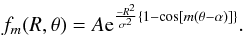 Mathematical equation: \appendix \setcounter{section}{1} \begin{equation} \label{mgp} { f_m(R,\theta) = A{\rm e}^{\frac{-R^2}{\sigma^2}\left\{1 - \cos[m(\theta - \alpha)]\right\}}. } \end{equation}
