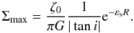 Mathematical equation: \appendix \setcounter{section}{2} \begin{equation} { \Sigma_{\rm max} = \frac{\zeta_0}{\pi G}\frac{1}{|\tan i|}{\rm e}^{-\varepsilon_{\rm s} R}. } \end{equation}