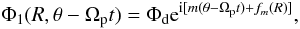 Mathematical equation: \begin{equation} \label{pot1} { \Phi_{1}(R,\theta-\Omega_{\rm p}t) = \Phi_{\rm d}{\rm e}^{{\rm i}[m(\theta-\Omega_{\rm p}t) + f_{m}(R)]}, } \end{equation}