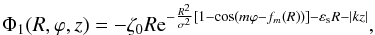 Mathematical equation: \begin{equation} \label{pp2} { \Phi_{1}(R,\varphi,z) = -\zeta_0 R{\rm e}^{-\frac{R^2}{\sigma^2}[1 - \cos(m\varphi - f_m(R))] - \varepsilon_{\rm s} R -|kz|}, } \end{equation}