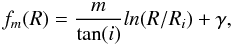 Mathematical equation: \begin{equation} \label{sf} { f_m(R) = \frac{m}{\tan(i)}ln(R/R_i) + \gamma, } \end{equation}