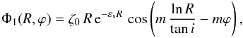 Mathematical equation: \begin{equation} \label{potpert} { \Phi_{1}(R,\varphi) = \zeta_0\, R\, {\rm e}^{-\varepsilon_{\rm s} R}\,\cos \left( m\, \frac{ {\rm ln}\, R }{{\rm tan}\, i} - m\varphi \right), } \end{equation}