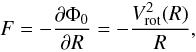 Mathematical equation: \begin{equation} \label{force} { F = -\frac{\partial \Phi_0}{\partial R} = -\frac{V_{\rm rot}^2(R)}{R}, } \end{equation}