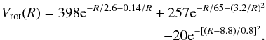 Mathematical equation: \begin{eqnarray} \label{galcurve} V_{\rm rot}(R) = 398{\rm e}^{-R/2.6 - 0.14/R} + 257{\rm e}^{-R/65 - (3.2/R)^2}\nonumber \\ - 20{\rm e}^{-[(R - 8.8)/0.8]^2}. \end{eqnarray}
