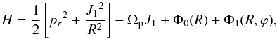 Mathematical equation: \begin{equation} \label{HJ} { H=\frac{1}{2}\left[{p_r}^2 + \frac{{J_1}^2}{R^2}\right]-\Omega_{\rm p}J_1 + \Phi_0(R) + \Phi_{1}(R,\varphi), } \end{equation}