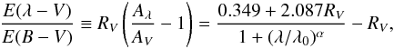 Mathematical equation: \begin{eqnarray} \frac{E(\lambda-V)}{E(B-V)} \equiv R_V \left ( \frac{A_\lambda}{A_V} -1 \right )= \frac{0.349 + 2.087R_V}{1+(\lambda/\lambda_0)^\alpha}-R_V, \end{eqnarray}