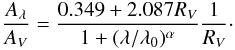 Mathematical equation: \begin{eqnarray} \frac{A_\lambda}{A_V}= \frac{0.349 + 2.087R_V}{1+(\lambda/\lambda_0)^\alpha} \frac{1}{R_V}\cdot \end{eqnarray}