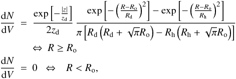 Mathematical equation: \appendix \setcounter{section}{1} \begin{eqnarray*} \fvol & = & \frac{\exp\left[-\frac{|z|}{\zd}\right]}{2\zd} \, \frac{\exp\left[-\left(\frac{R-\Ro}{\Rd}\right)^2\right] - \exp\left[-\left(\frac{R-\Ro}{\Rh}\right)^2\right]} {\pi\left[\Rd\left(\Rd+\sqrt{\pi}\Ro\right) - \Rh\left(\Rh+\sqrt{\pi}\Ro\right)\right]} \nonumber \\ & & \Leftrightarrow\ R\ge\Ro \\ \fvol & = & 0 ~~\Leftrightarrow\ ~~R<\Ro, \end{eqnarray*}
