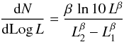 Mathematical equation: \begin{equation*} \flum = \frac{\beta\,\ln10\,L^\beta}{L_2^\beta-L_1^\beta} \end{equation*}
