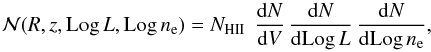 Mathematical equation: \appendix \setcounter{section}{1} \begin{equation} \label{e:nel} {\cal N}(R,z,\Log\,L, \Log\, \ne) = \NHII\ \, \fvol \, \flum \, \fne, \end{equation}