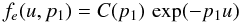 Mathematical equation: \begin{equation} f_{e}(u,p_{1})=C(p_{1})\,\exp(-p_{1}u) \end{equation}