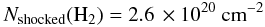 Mathematical equation: \begin{equation*} N_{\rm {shocked}}({\rm H}_{2})=2.6\,\times 10^{20}~\rm {cm}^{-2} \end{equation*}