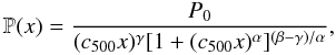 Mathematical equation: \begin{equation} \mathbb{P}(x) = \dfrac{P_{0}}{(c_{500}x)^{\gamma} [1+(c_{500}x)^{\alpha}]^{(\beta-\gamma)/\alpha}}, \label{e:gnfw} \end{equation}
