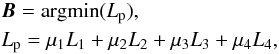 Mathematical equation: \begin{eqnarray} \label{3} &&\vec{B}={\rm argmin}(L_{ \rm p}),\notag \\ &&L_{\rm p}=\mu_{1}L_{1}+\mu_{2}L_{2}+\mu_{3}L_{3}+\mu_{4}L_{4}, \end{eqnarray}