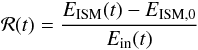 Mathematical equation: \begin{equation} \label{eq:eres} {\cal R}(t) = \frac{E_{\rm ISM}(t)-E_{\rm ISM,0}}{E_{\rm in}(t)} \end{equation}