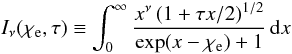 Mathematical equation: \begin{equation} I_\nu(\chie,\tau) \equiv \int_0^\infty \frac{ x^\nu\,(1+\tau x/2)^{1/2} }{ \exp(x-\chie)+1 }\,{\dd}x \label{I_nu} \end{equation}