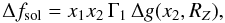 Mathematical equation: \begin{equation} \Delta f_\mathrm{sol} = x_1 x_2\,\Gamma_1\, \Delta g(x_2,R_Z), \end{equation}