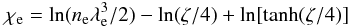 Mathematical equation: \begin{equation} \chie = \ln(\nel \lambde^3/2) - \ln (\zeta/4) + \ln[\tanh (\zeta/4)] \label{chi_mag} \end{equation}