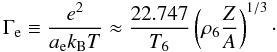 Mathematical equation: \begin{equation} \Gamme \equiv \frac{ e^2 }{ \ael \kB T} \approx \frac{22.747}{ T_6} \left(\rho_6 \frac{ Z }{ A} \right)^{1/3}\cdot \end{equation}