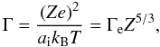 Mathematical equation: \begin{equation} \Gamma = \frac{(Z e)^2}{\aion \kB T} = \Gamme Z^{5/3}, \end{equation}