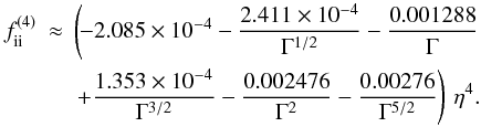 Mathematical equation: \appendix \setcounter{section}{2} \begin{eqnarray} f_\mathrm{ii}^{(4)} &\approx& \left(\!-2.085\times10^{-4} - \frac{2.411\times10^{-4}}{\Gamma^{1/2}} - \frac{0.001288}{\Gamma}\right. \nonumber\\&& \left. +\frac{1.353\times10^{-4}}{\Gamma^{3/2}} - \frac{0.002476}{\Gamma^2}-\frac{0.00276}{\Gamma^{5/2}}\right) \,\eta^4. \label{WK4} \end{eqnarray}