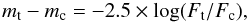Mathematical equation: \appendix \setcounter{section}{2} \begin{equation} \label{eq:m} m_{\rm t}-m_{\rm c}=-2.5 \times \log (F_{\rm t}/F_{\rm c}) , \end{equation}