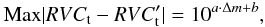 Mathematical equation: \begin{equation} \mathrm{Max} |RVC_{\rm t} - RVC_{\rm t}'| = 10^{a\cdot\Delta m+b}, \end{equation}