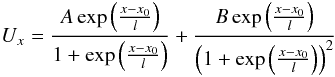 Mathematical equation: \appendix \setcounter{section}{1} \begin{equation} U_x = \frac{A \exp \left( {\frac{x-x_0} {l}}\right) } {1+\exp \left( {\frac{x-x_0}{l}}\right)} + \frac{B \exp \left({\frac{x-x_0}{l}}\right)} {\left(1+\exp \left({\frac{x-x_0}{l}}\right) \right)^2} \end{equation}